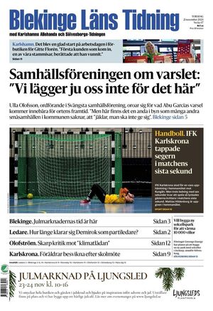 Förstasida Blekinge Läns Tidning